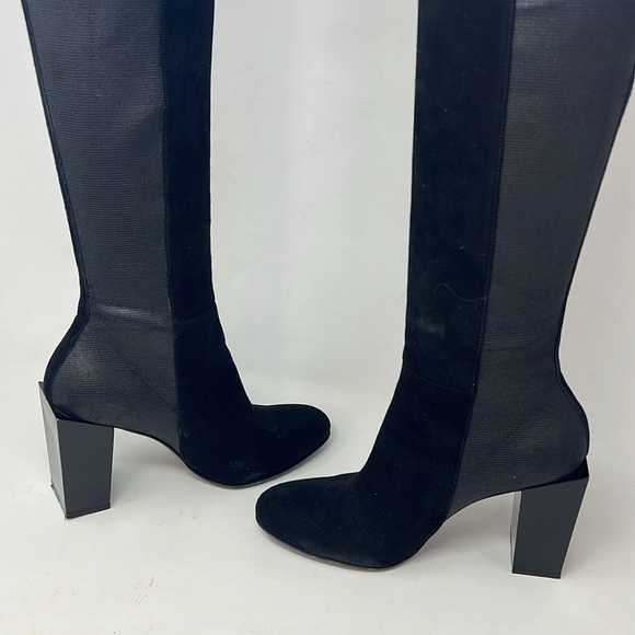 Carlo Pazolini Sz 37.5 Suede Elastic Lucite Block Heel Tall Boots - Picture 5 of 12